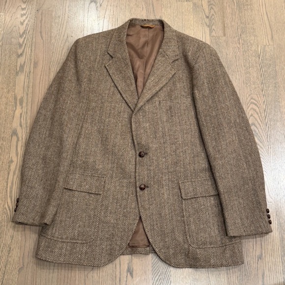 Mens Classic Tweed Herringbone Blazer Jacket Brown 100% Wool 44L